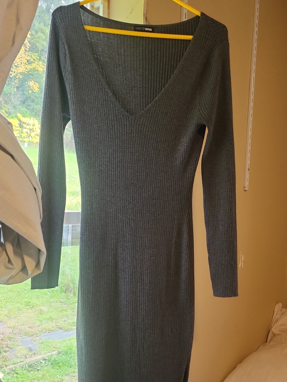 Fashion Nova Ribbed V-Neck Long-Sleeve Knit Dress - Dark Gray